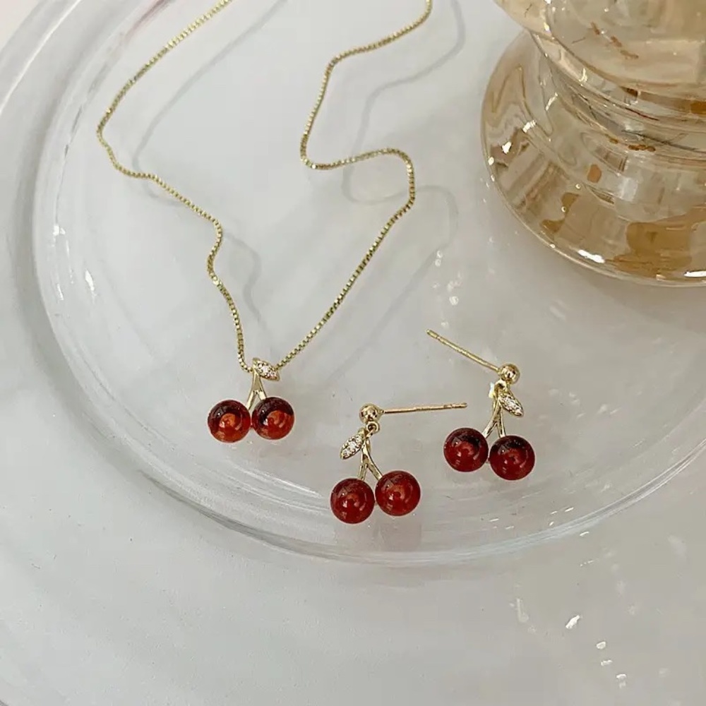 NEW Minimalist Gold Plated Wine Red Cherries Pendant Necklace/Earrings Set